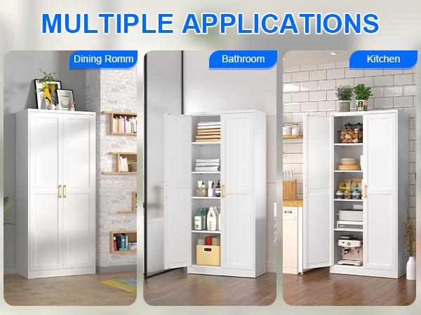 71 Inch Farmhouse Metal Pantry Cabinet, Tall Storage Cabinet with Doors and Adjustable Shelves for Kitchen/Dining/Living Room, Tall Freestanding Storage Cabinet for Garage/Laundry Room/Bathroom, White/Black