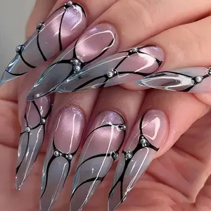 Wedding nails ,3D Handmade Press on nails ,Stiletto Press On Nails, 3D Gel flower, ombre black color , Stiletto nails ,Dreamy flower