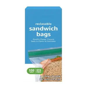 Reclosable Double Zipper Sandwich Storage Bags for Food Storage, BPA Free, 100 Count