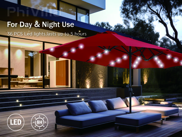 PHI VILLA Double-Sided Outdoor Patio Umbrella 15 ft Large with Crank, Steel Pole Metal Frame Includes Base, Easy to Clean, Sunshade Canopy, Ideal Gift for Home