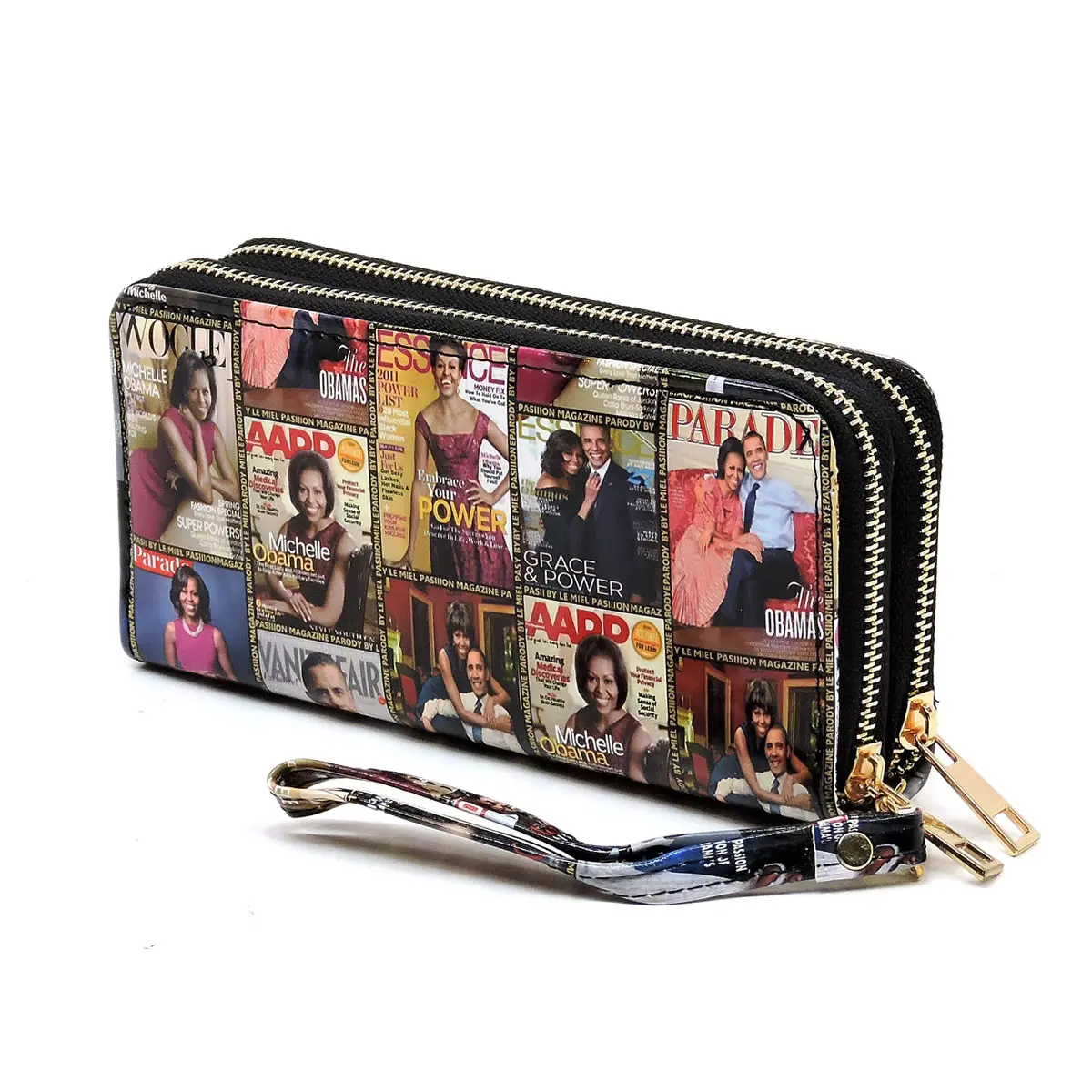 Magazine cover collage Michelle Obama printed large capacity zipper wallets with wrist band