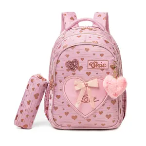 Heavy Duty Heart Bow Knot Girls Backpack Set, Machine Washable 3pc School Bookbag with Matching Lunch Bag & Pouch, Durable Water Resistant Student Bag for Kids, Pink & Sweet Back to School Gift pencil case comfortable