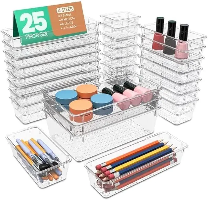 25-Piece Clear Acrylic Drawer Organizer Set – 4 Assorted Sizes for Makeup, Bathroom, Vanity, Kitchen, Office Desk & Bedroom Storage
