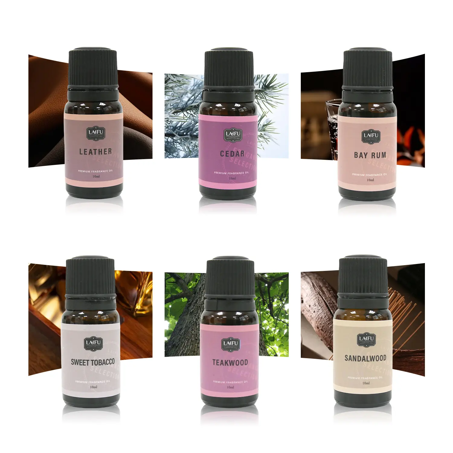 6x10ml Essential Oil Set for Diffusers & Candles - Fragrance Aroma Oils with Cedar, Sandalwood, Bay Rum, Teak, Leather Scents