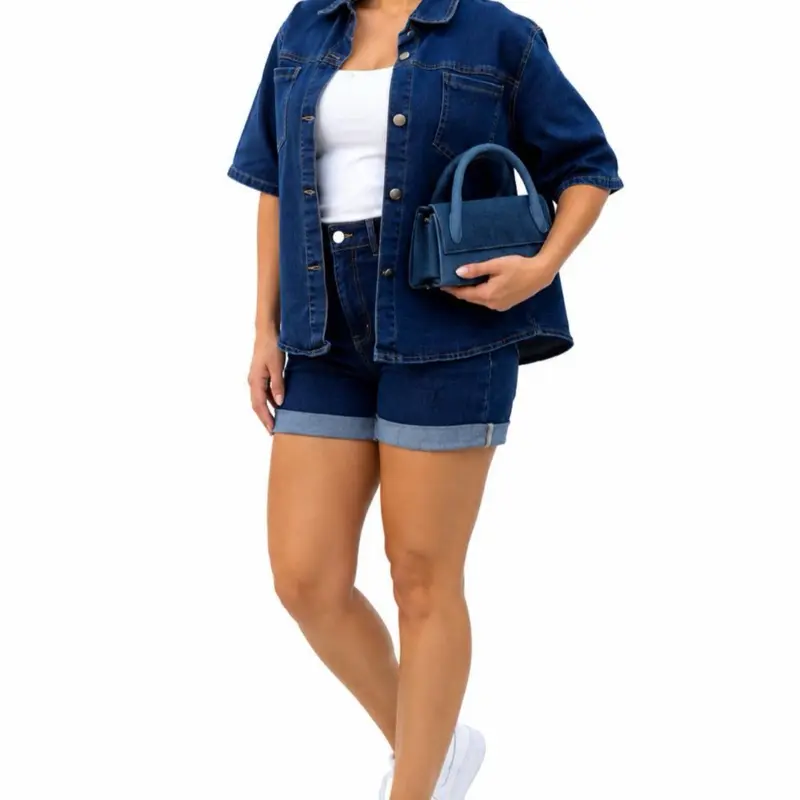 Women's Denim Suits, One Breasted Short Sleeve Shirt, Top with Pocket, High Waist Shorts, Streetwear Set,