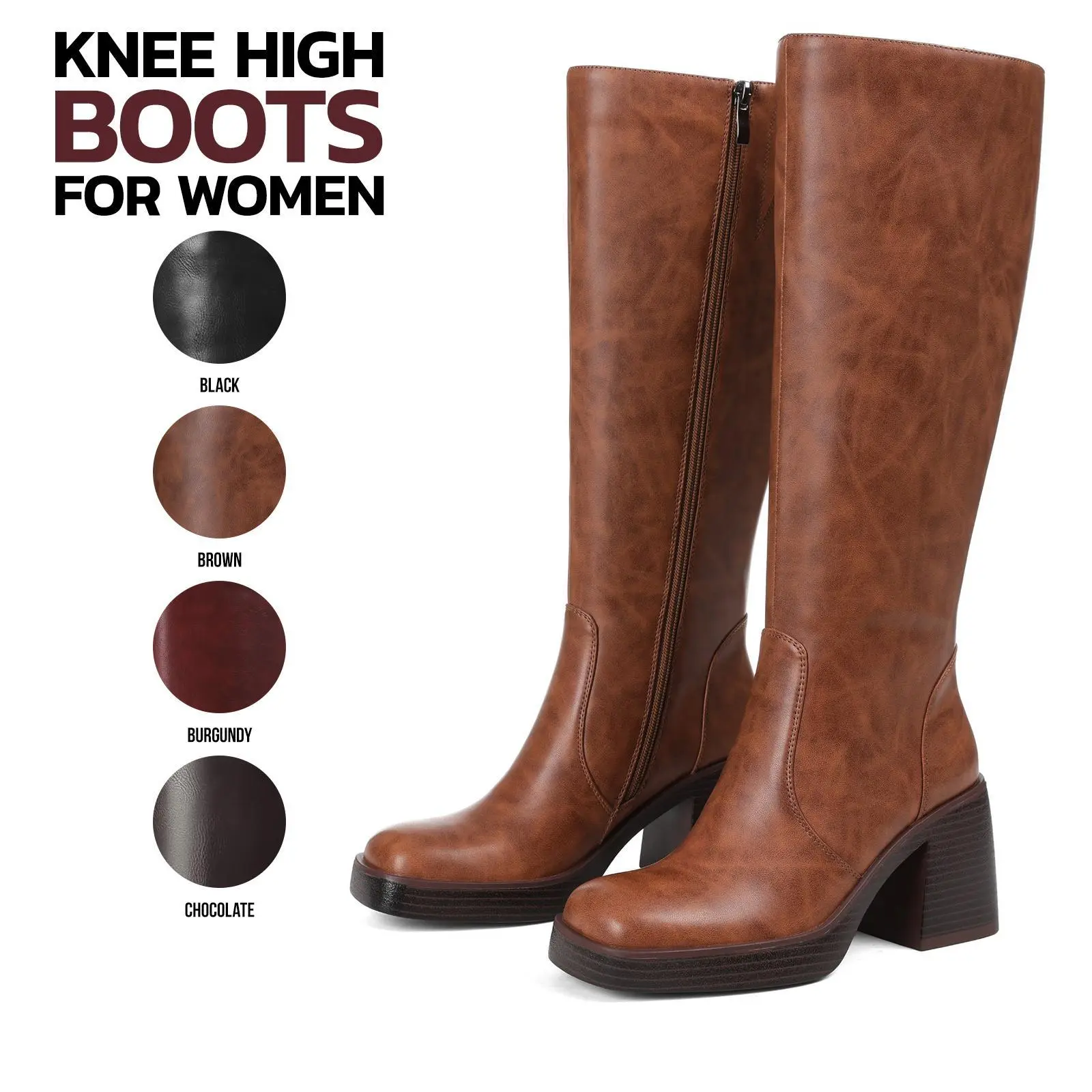 Knee High Boots for Women Square Toe Chunky Block High Heel Side Zipper Gogo Boots Comfortable Fashion Party Date Dress Trendy Classic Tall Boots Platform shoes