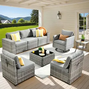 OVIOS 8-Piece Outdoor Patio Furniture Set, Wicker Sectional Sofa with Swivel Rocking Chair & Coffee Table, Conversation Set with Cushions for Backyard Patio Porch Deck Garden Balcony Outdoor Seating