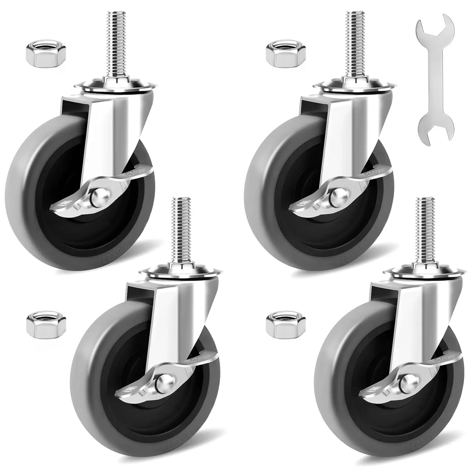 4 Inch Caster Wheels, 1/2"-13 Inch Course Threaded Stem Caster Set of 4 with Side , Heavy Duty TPR Swivel Caster Wheels for  Cart, Wire Shelving Industrial Screw in Casters