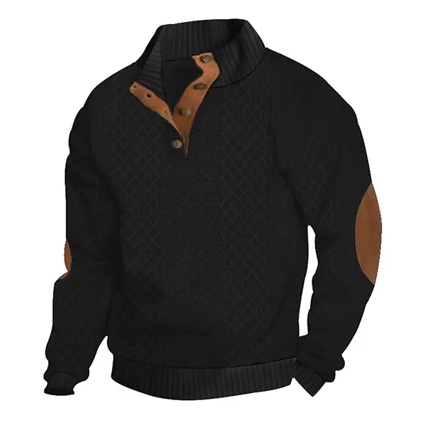 Men's Black Classic Knit Sweater - Leather Trim & Textured Fabric, Perfect Blend of Vintage Fashion & Everyday Wear
