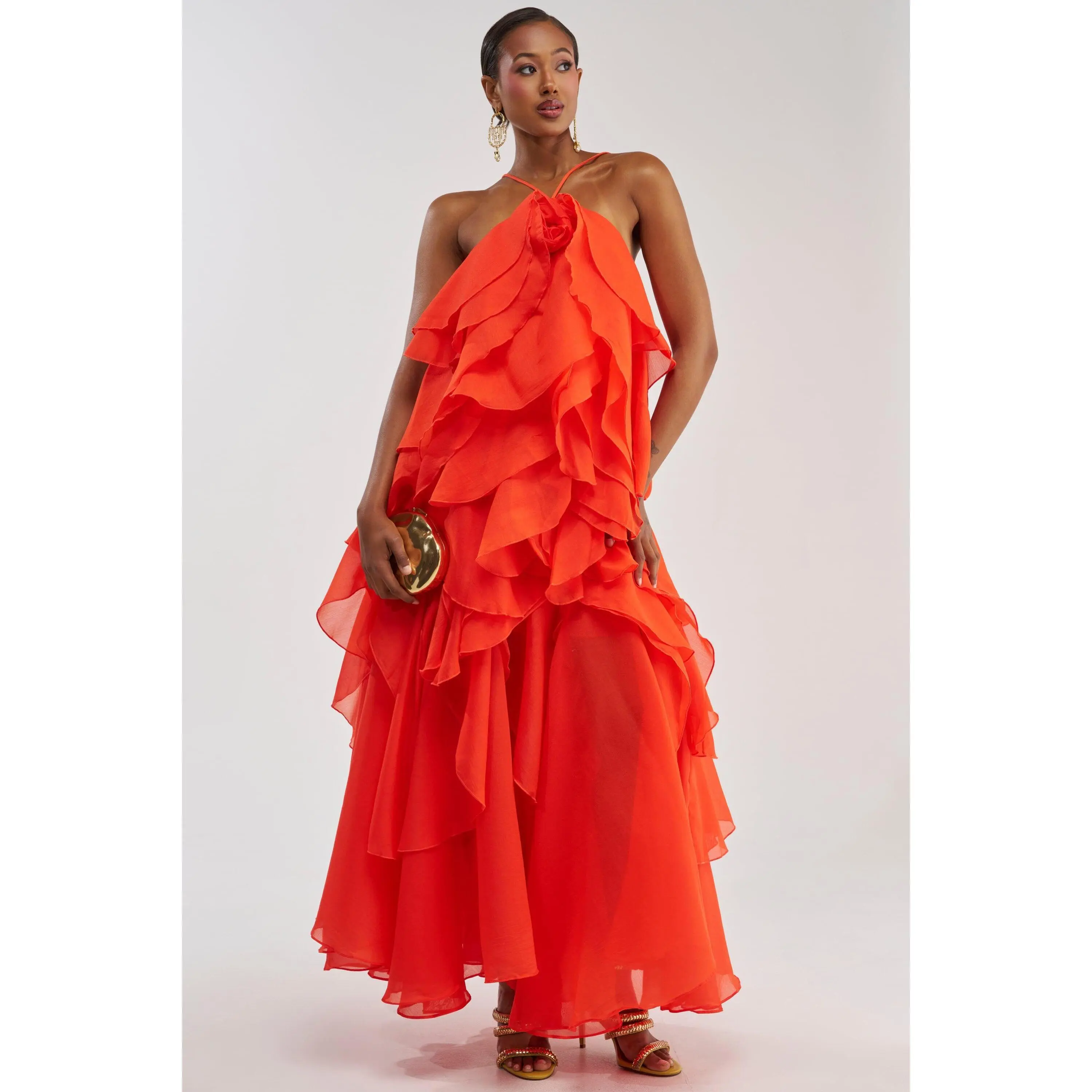 GOLDEN HOUR FLORAL CHIFFON MAXI DRESS IN ORANGE