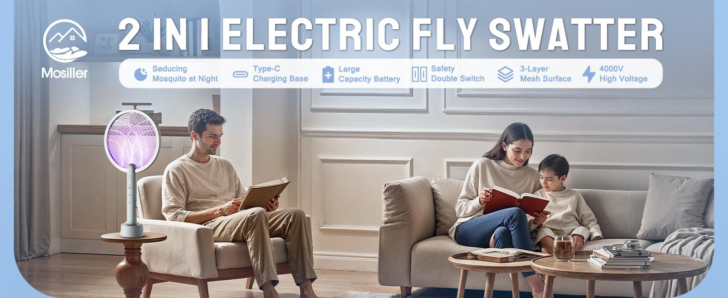 4000V Electric Fly Swatter Racket, 1800mAh Smart Bug Zapper with USB Rechargeable Base, Powerful Mosquitoes Trap Lamp & Fly Killer with 3-Layer Safety Mesh for Home, Bedroom, Kitchen, Patio