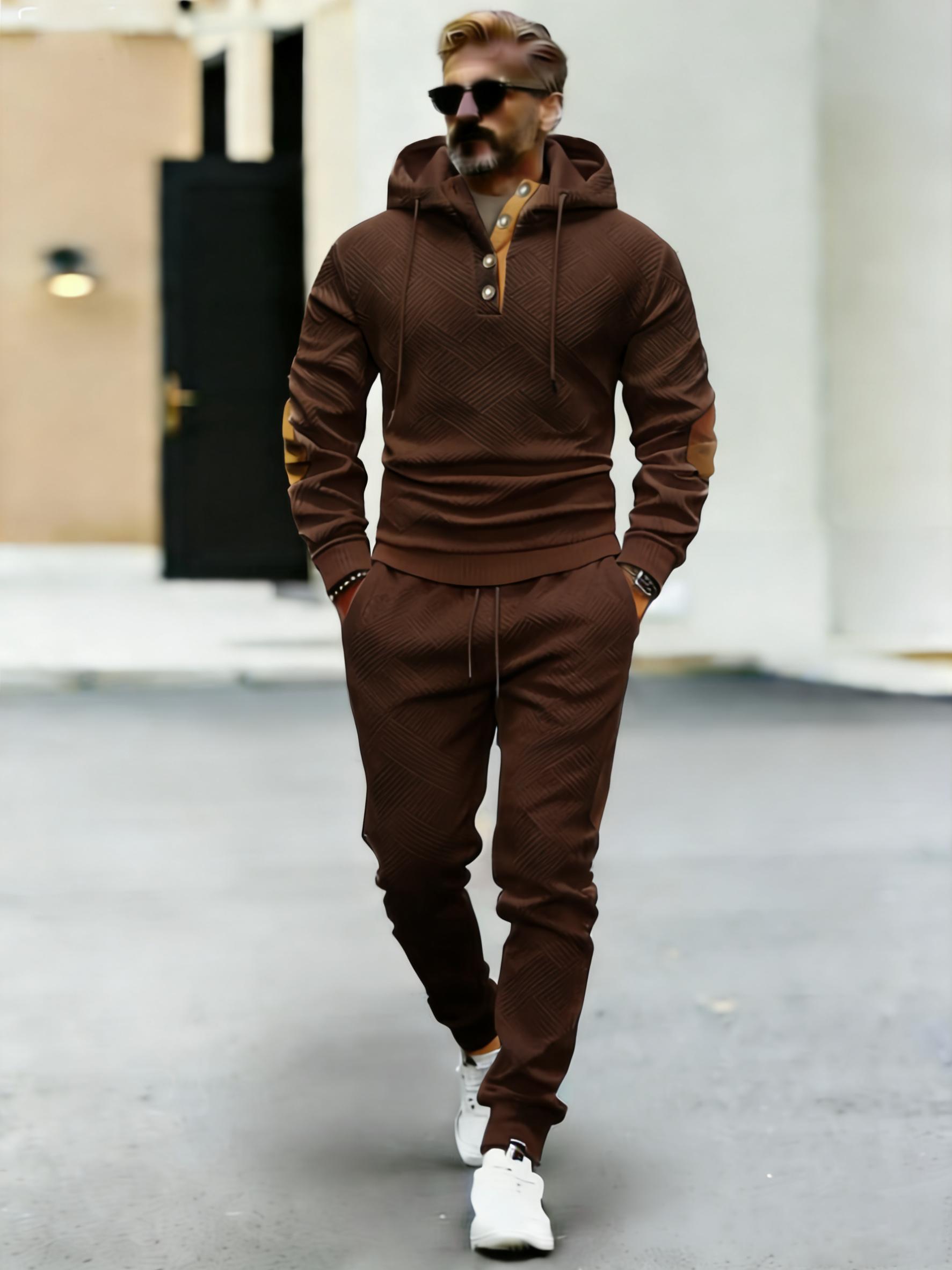 Men's contrasting color hooded sportswear high-quality texture two-piece set
