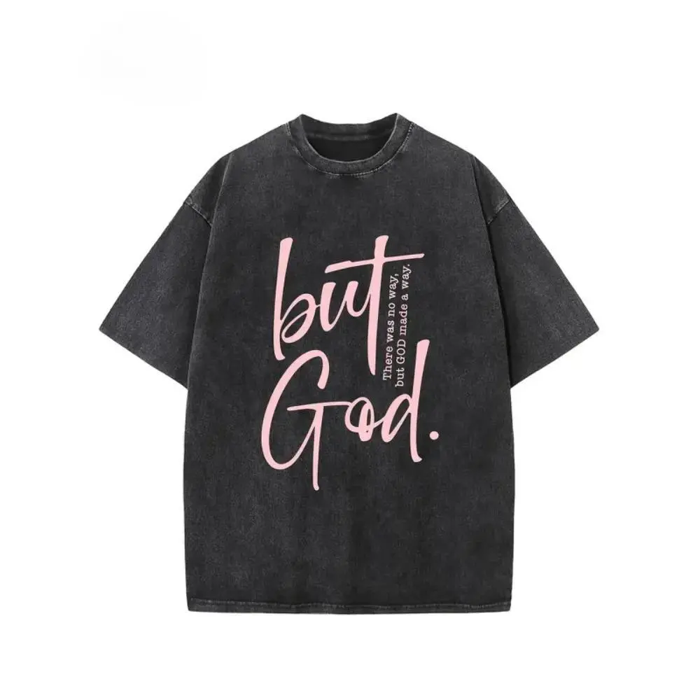 Vintage Creative Pattern 'There Is No Way But God Made A Way' Printed Washed T-shirt Heavy 230g Cotton Washed T-shirt Off-Shoulder T-shirt Men's Vintage Street T-shirt Basic T-shirt Loose Hip-Hop Unisex Top Washed Retro T-shirt