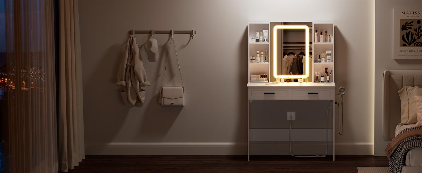 HOMMPA Vanity Desk with Mirror and Lights 35.4“W Makeup Desk with Drawers Vanity Table with 3 Color Lighted Mirror Makeup Table with Charging Station Modern Dressing Table for Bedroom White