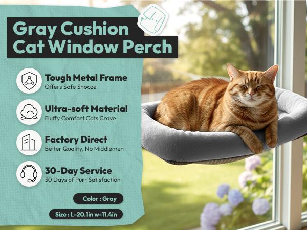 POMESEA Cordless Cat Window Perch for Large Indoor Cats, Soft Gray Pad Bed Cover, Wall and Window Mounted with Metal Frame, Includes 6 Suction Cups (2 Bonus)