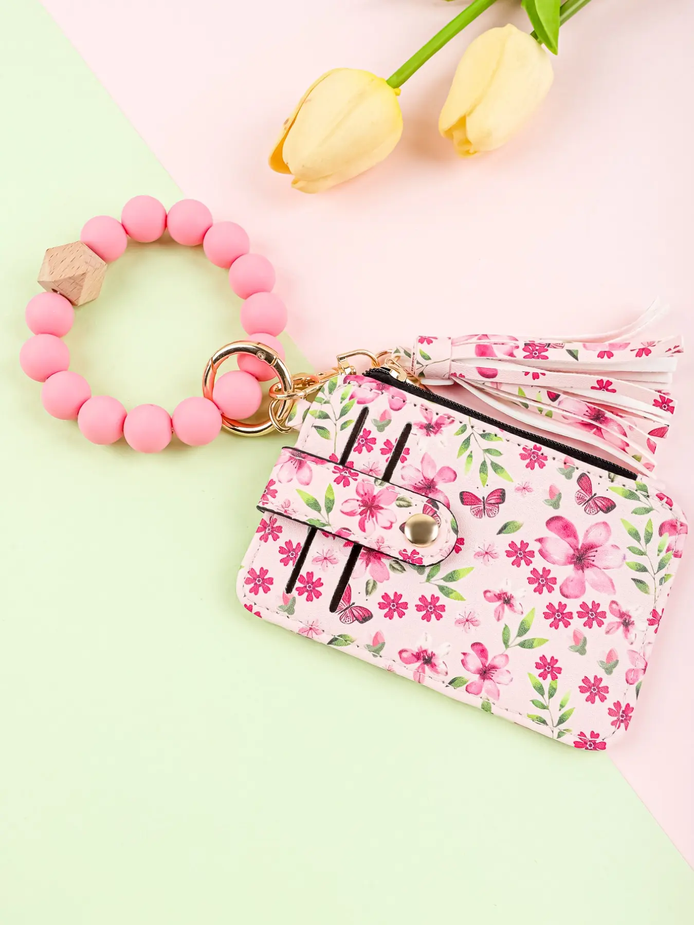 Boho Floral Keychain Wristlet, Beaded Silicone Keychain with Tassel, Portable Card Holder & Coin Purse, Perfect Gift for Her/mother's Day/graduation, Keychain Accessory
