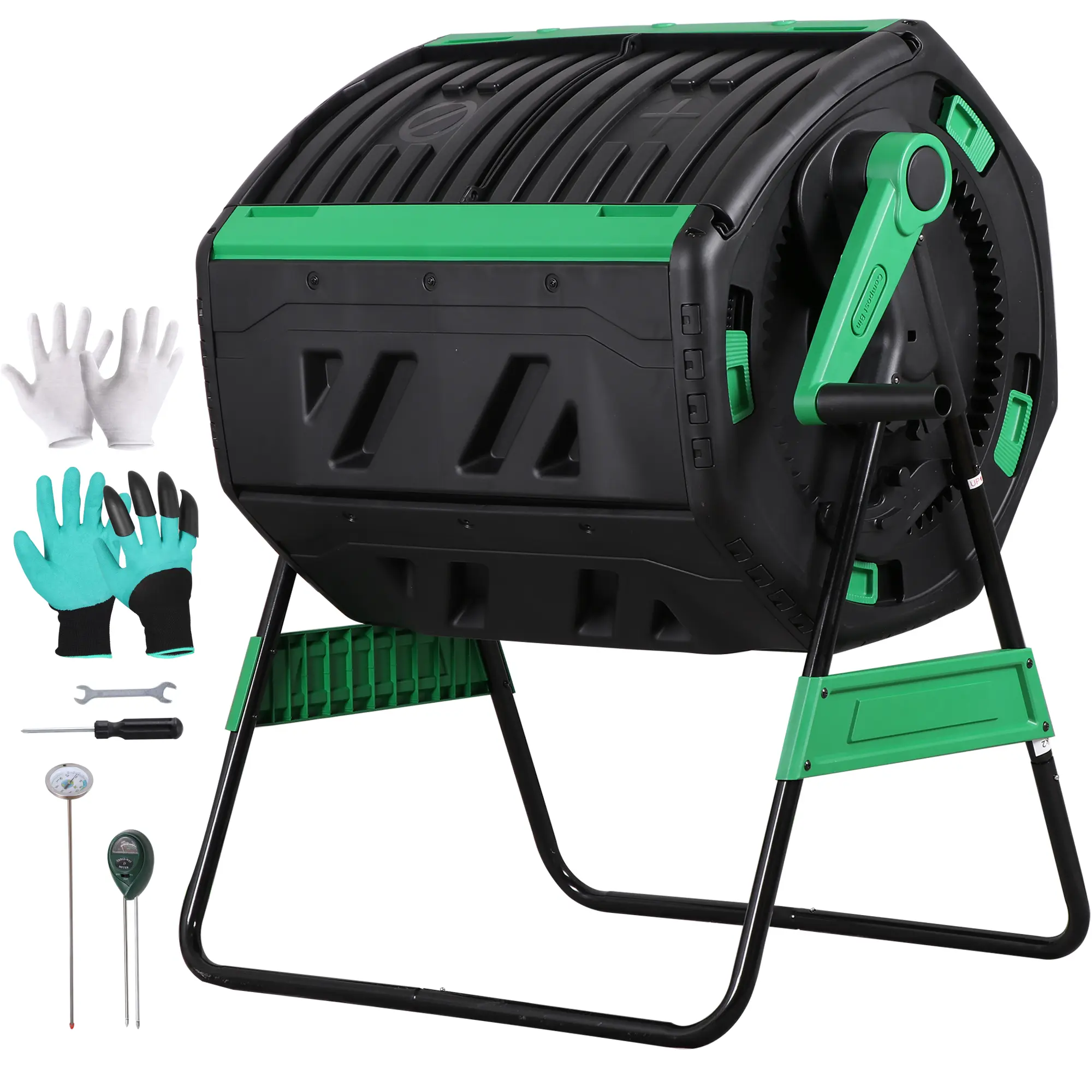 Segawe 53gal BPA-Free PP+Steel Dual Chamber Composting Tumbler Kit - 2-Compartment Outdoor Garden Bin for Large Families with 360° Rotation, Thermometer, 3-in-1 Soil Mtr, Sliding Doors, Adjustable Vents for Odor Control, Waste Recycling & Decomposition