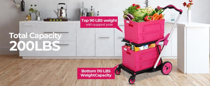 Foldable Shopping Cart with Wheels,With Storage Crates, Multi Use Two Tier Collapsible Cart with 360° Rolling Swivel Wheels Heavy Duty Folding Trolley for Shopping, Picnic and Office,Cosmetic Organizer,Grocery,Warehouse,Garden