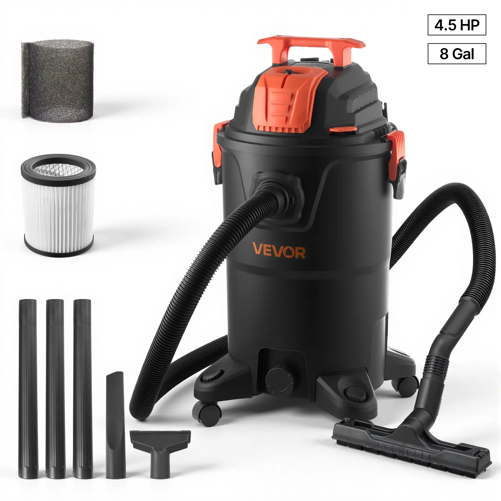 【summerfinds】VEVOR Shop Vac, 8 Gallon Wet Dry Shop Vacuum, 4.5 Peak HP Portable with One-Button Self-Cleaning, Dual-Filter, 900W Input Power, 1.25in x 7ft Hose, 9.8ft Cord for Jobsite, Workshop, Garage, Home,dorm essentials,home essentials