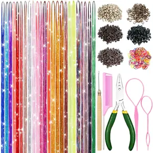 Hair Tinsel Kit for Girls 9600 Strands Fairy Tinsel Hair Extensions Holographic Hair Tinsel Heat Resistant Colored Hair Glitter Christmas Party Festival