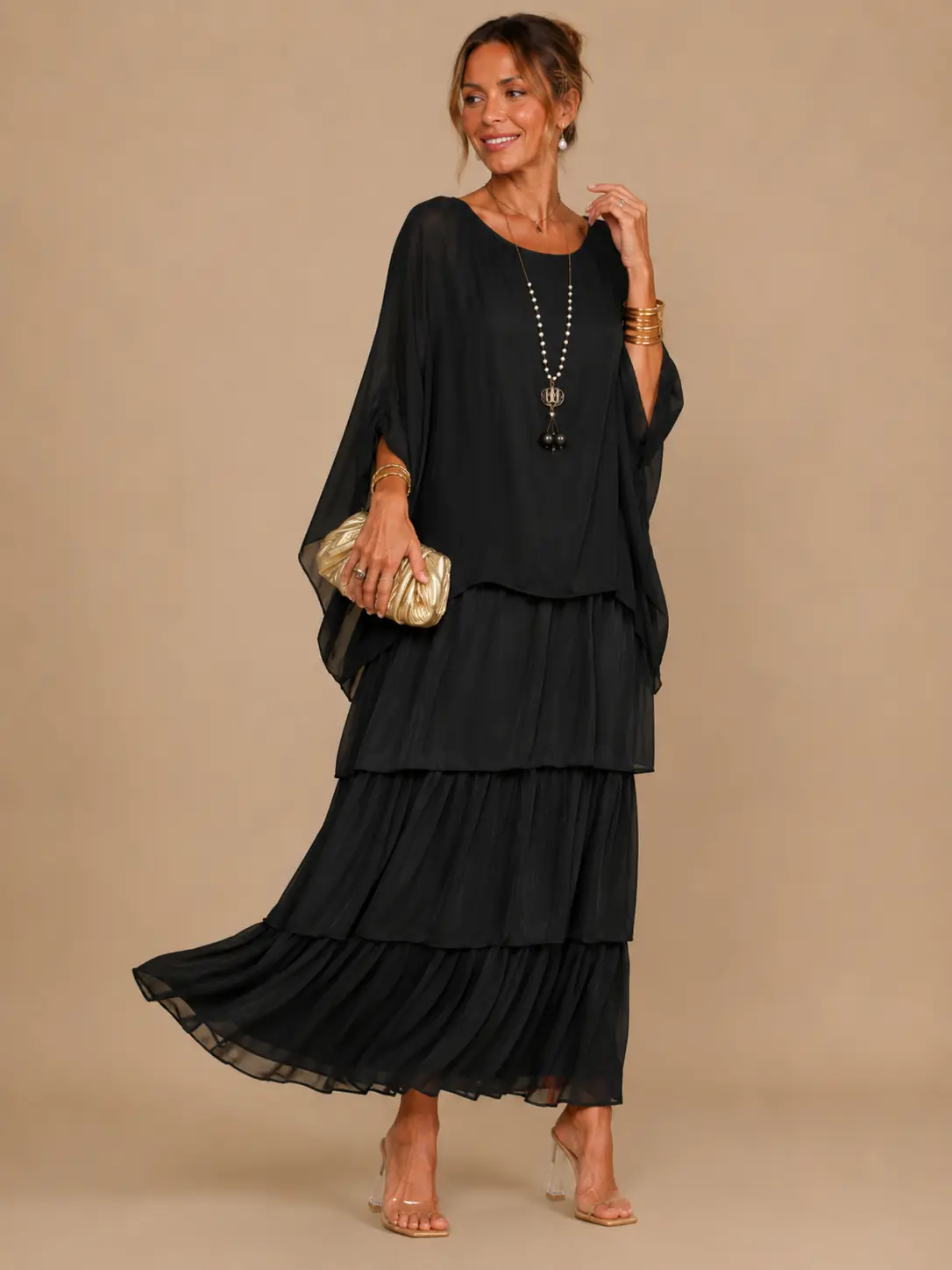 Midiross Flowy Maxi Dress for Curvy Women Effortless Body Flattering Perfect for Vacay and Daily Wear Casual A Line Round Neck 3/4 Sleeve Shirred Fit Summer Dress Elegant-Wedding Guest Dress