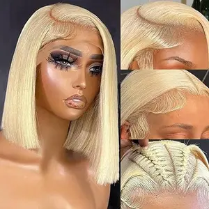 613 Blonde Bob Wig Human Hair 13X4 Straight HD Transparent Bob Lace Front Wigs Human Hair Honey Blonde Short Bob Hd Lace Frontal Wigs For Women Wear and Go Glueless Wig Pre Plucked With Baby Hair