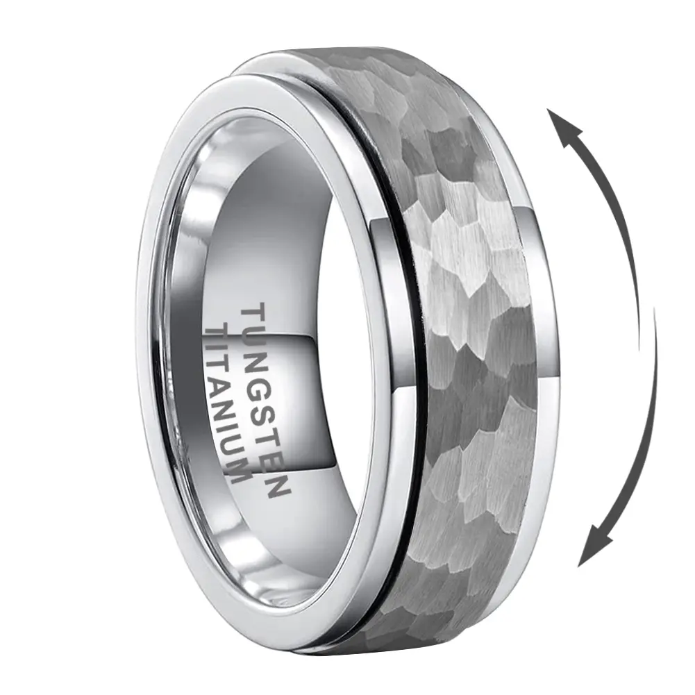 Men's 8mm Hammered Tungsten Spinner Ring, Durable Comfort Fit Wedding Band, Scratch-Resistant for Everyday Wear
