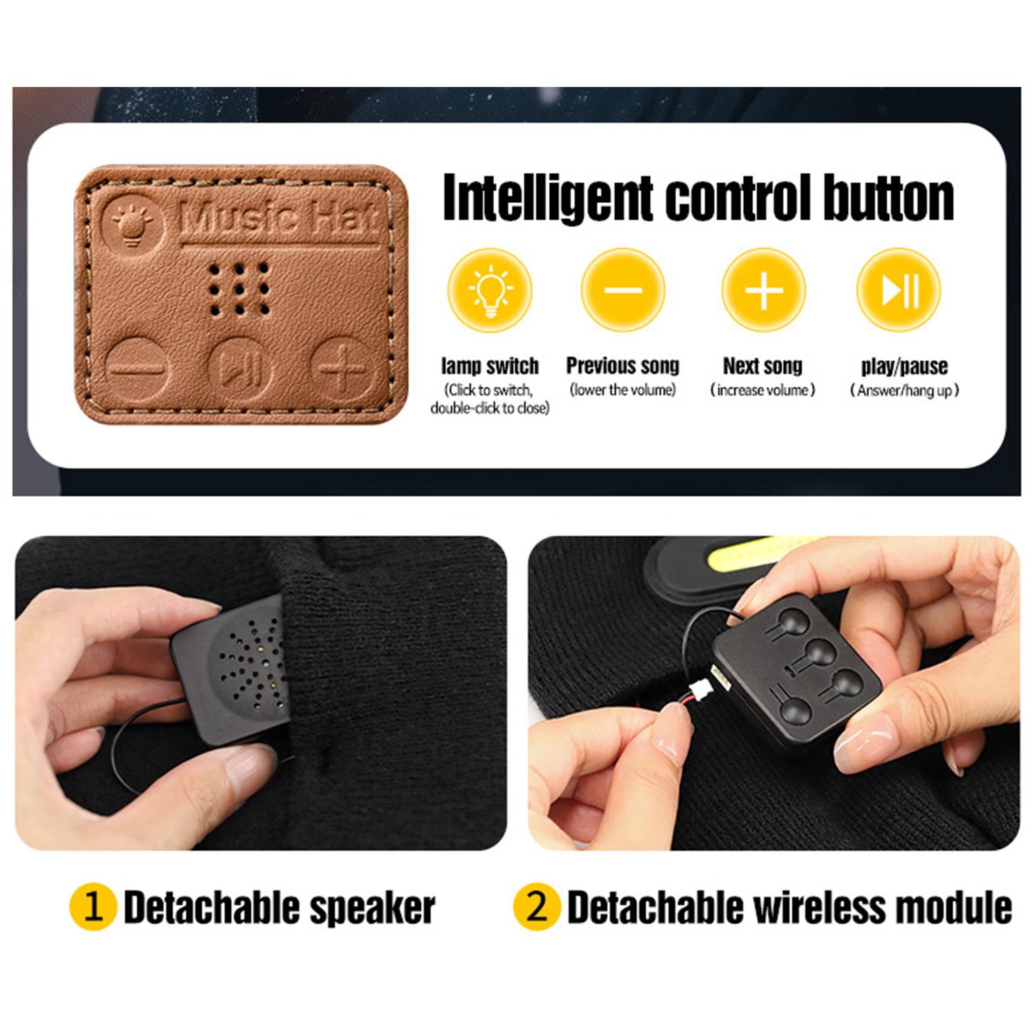 Bluetooth Beanie with a Light, Unisex USB Rechargeable 4 LED Fashlight Hat with Cordless Headphones, Unique Christmas Gifts - Black