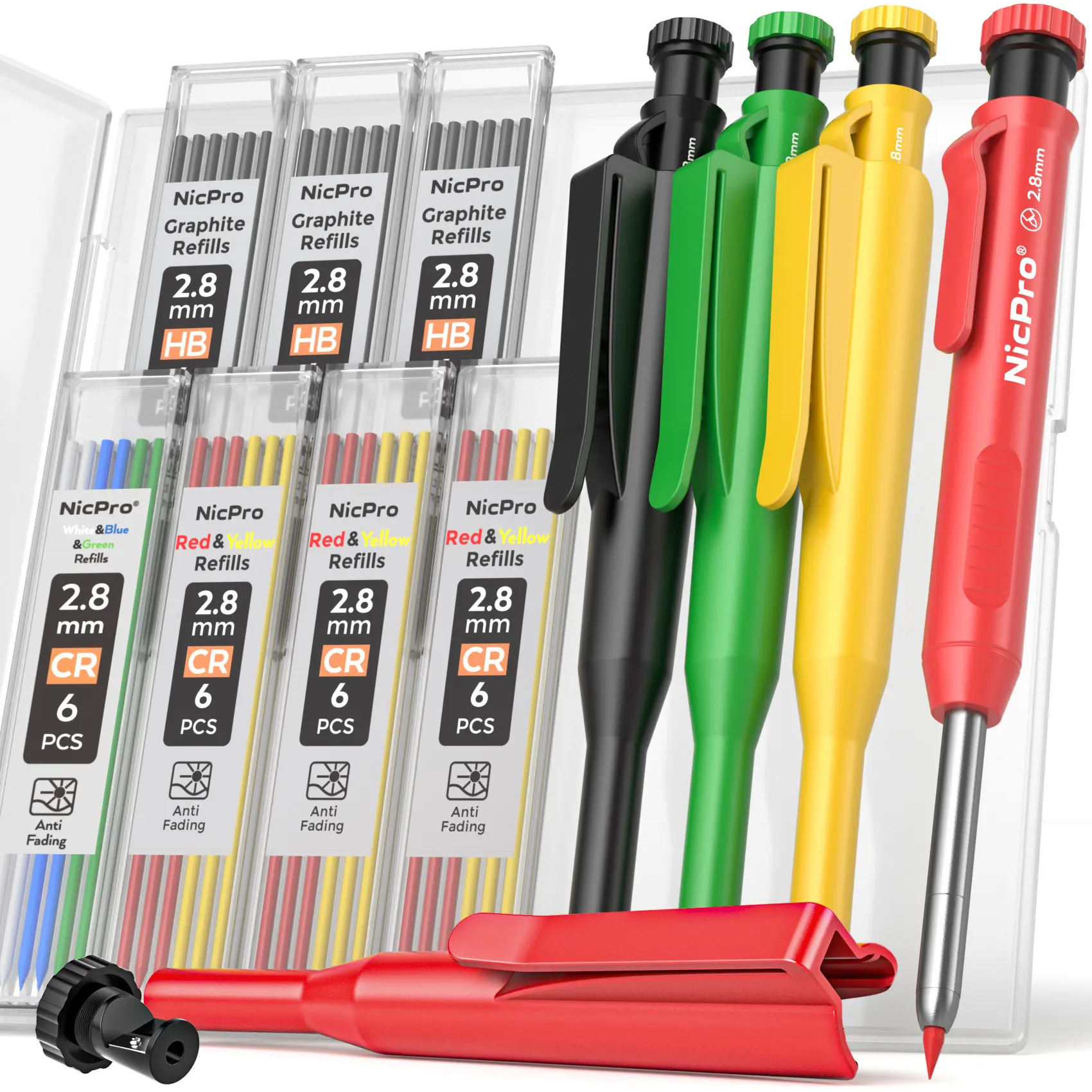 Nicpro 4 Pack Carpenter Pencil with Sharpener & Sleeve, Mechanical Carpenter Pencils Set with 52 Refill, Deep Hole Marker Woodworking Pencils, Heavy Duty Construction Pencils for Architect-with Case,back to school,back to school shopping