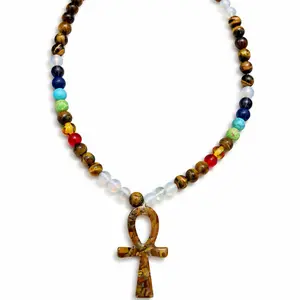 Solar Ankh Alignment Necklace 22in  Tiger’s Eye • Opalite • Chakra Stones Handmade by Choke Ah Bead Metaphysical Store