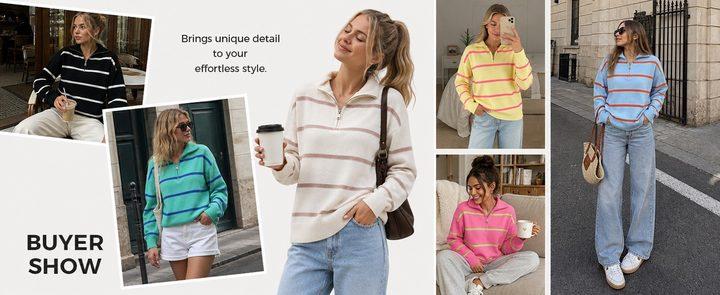 Fisoew Women's Vintage Light Denim Fabric Color Block Striped Quarter-Zip Lapel Collar Drop Shoulder Long Sleeve Oversized Knitwear Pullover Top, Casual Ribbed for Back to School Shopping