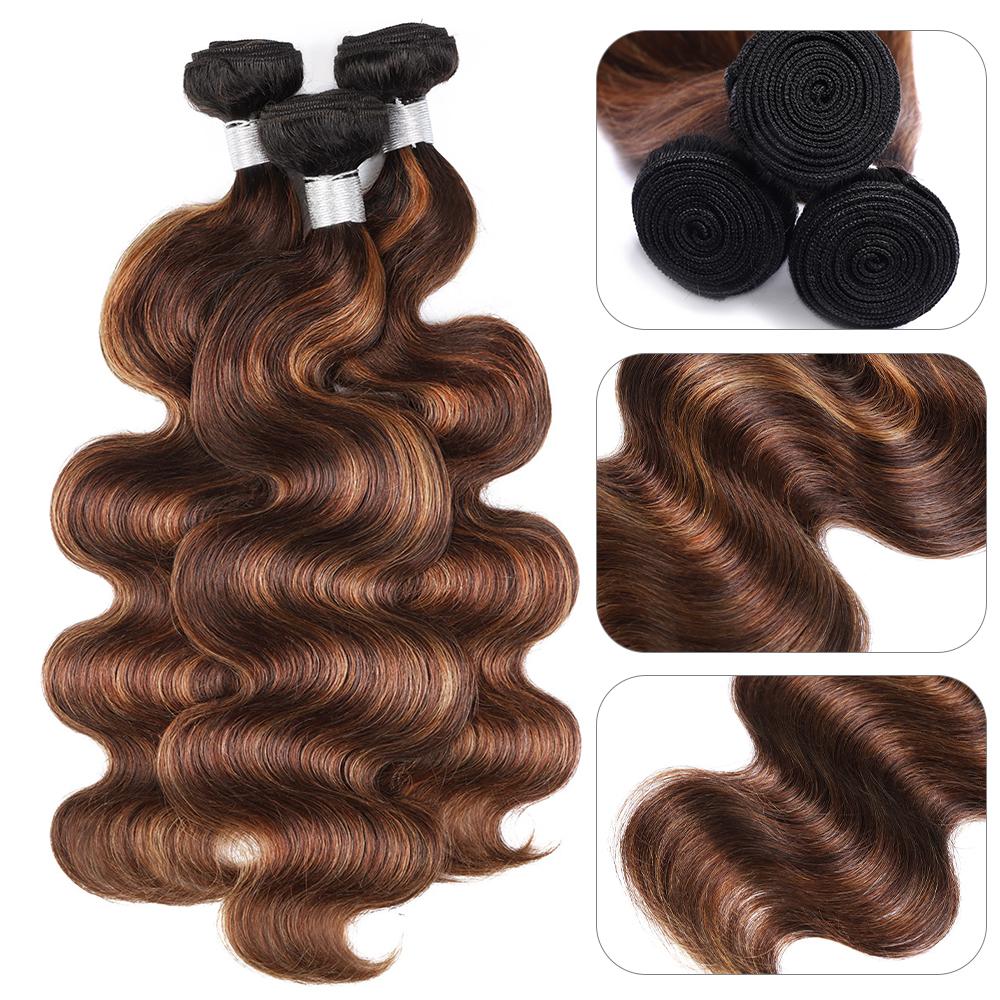 Brown Highlight Body Wave Human Hair Bundles Piano Color Brazilian Hair Ombre Blonde Human Hair Sew in  Quick Weave with Color
