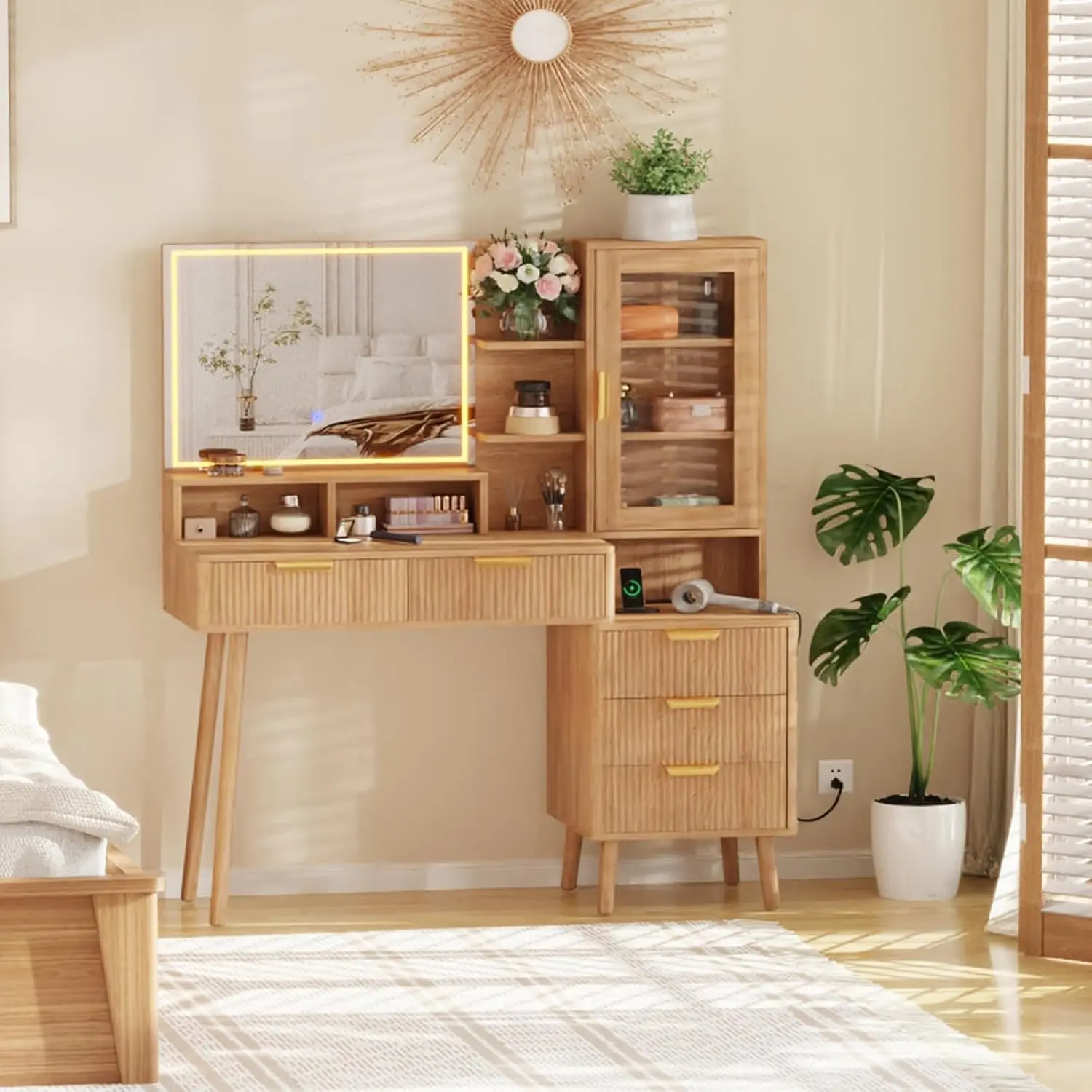 Gaomon 23-Inch Modern Vanity with Lights - 5-Drawer Dresser, HD Mirror, Power Outlet, Glass Top, Fluted Finish, Acrylic Dust-Free Door, Storage Shelf, Light Modes, Bedroom Makeup Organization Furniture