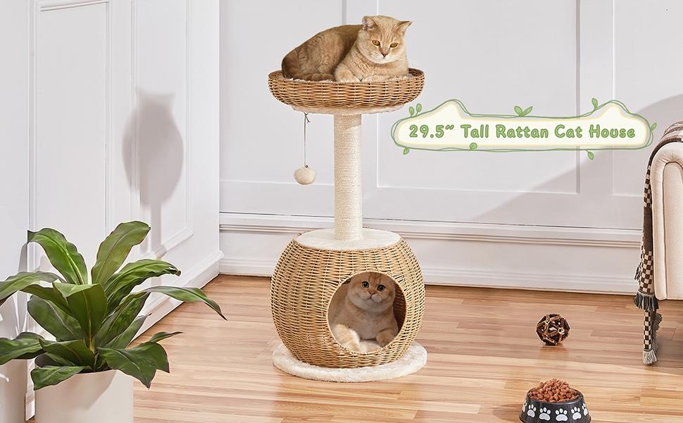 【On Sale】Yaheetech 54in Rattan Cat Tree Tower with Luxury Woven Condo, Clear Bowl, Washable Cushions, and Scratching Posts, Cat Furniture for Indoor Cats