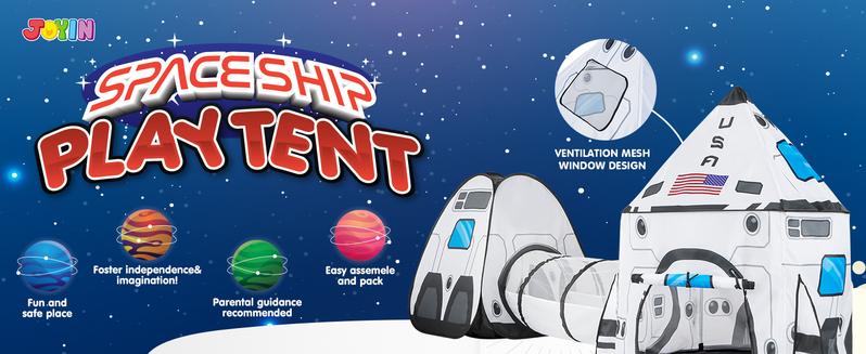 White Rocket Ship Pop up Play Tent with Tunnel and Playhouse Indoor Outdoor Spaceship Tent Set, Christmas Gifts for Kids Outdoor Play Toy Boys Valentine's Day Gifts for Kids