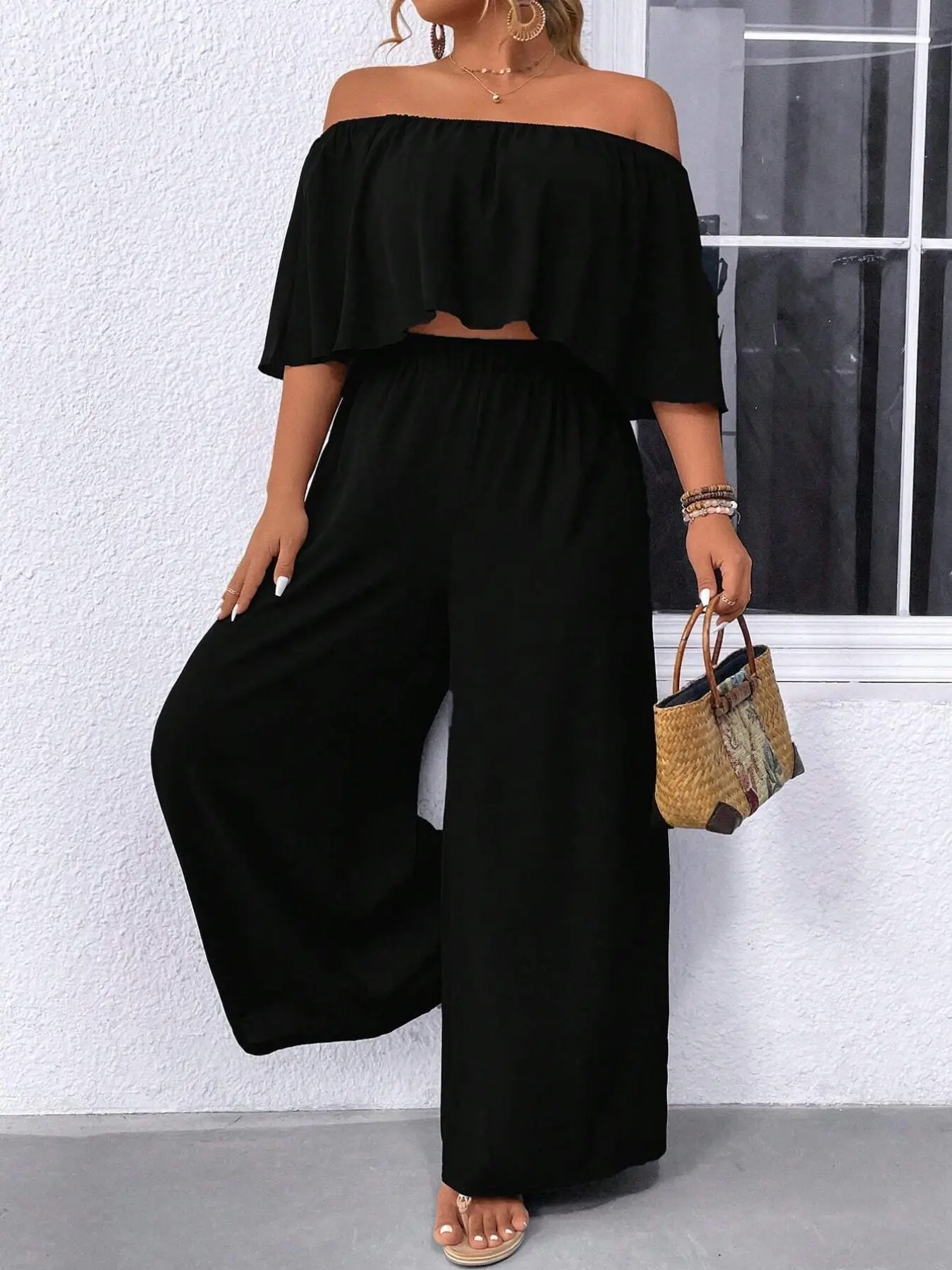 Women's Plus Size Two Piece Sets Off Shoulder Ruffle Crop Top High Waist Wide Leg Pants Matching Sets Solid Black Flowy Casual Summer Vacation Outfits Resort Wear Elegant Boho Co-ord Spring Womenswear Clothes Elegance