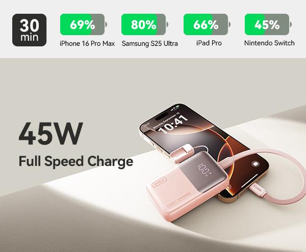 INIU ZapMini 45W PD 10000mAh Power Bank, Ultra Small Pocket Size Powerbank, Carry P50-E1 Travel Essentials Portable Charger, Detachable Lanyard USB C Cable Fast Charge Phone Battery Pack for iPhone 17 16 15 series iPad Airpods Samsung Switch Perfect Gift