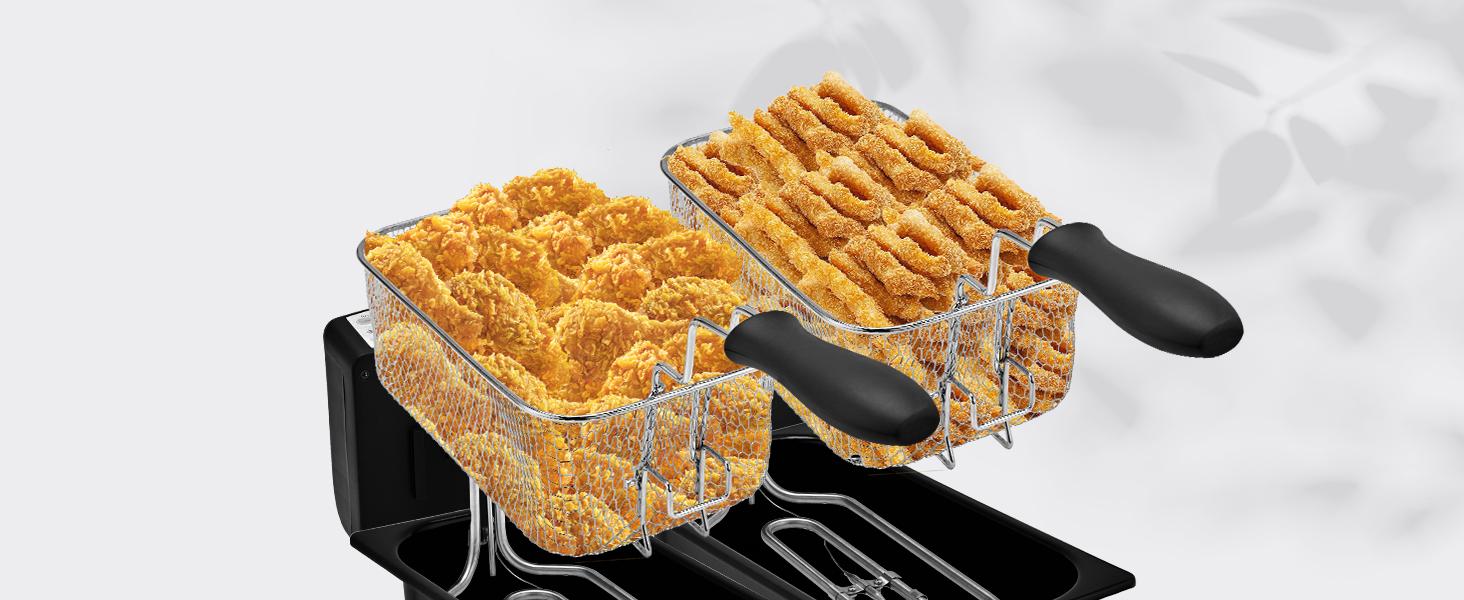SUSTEAS Fryer 2 Basket Electric Fryer 6.3 QT 3000W Timer Control with Odorless Filter Stainless Steel Dual Basket for Fast Even Frying Results