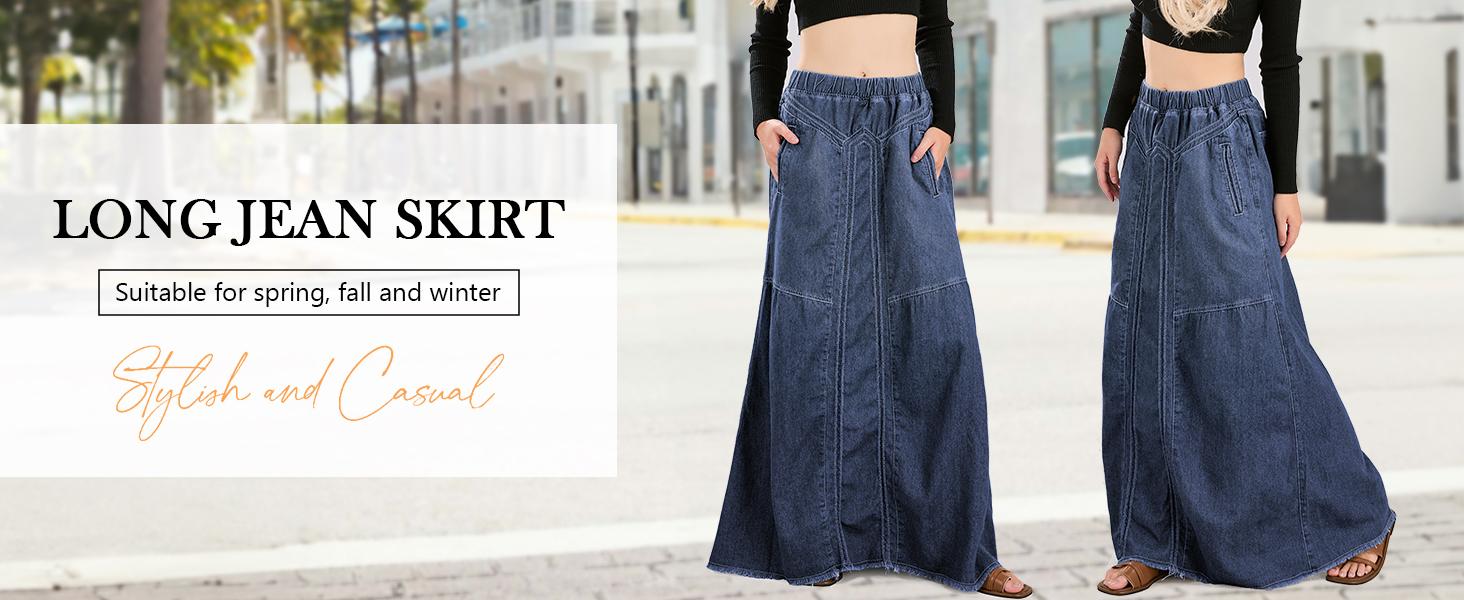 Ebossy Women's Denim Maxi Skirt with Pockets Elastic High Waist Frayed Hem A-Line Flowy Jean Skirt for Casual Wear Ebossy Women's Denim Maxi Skirt with Pockets Elastic High Waist Frayed Hem A-Line Flowy Jean Skirt for Casual Wear