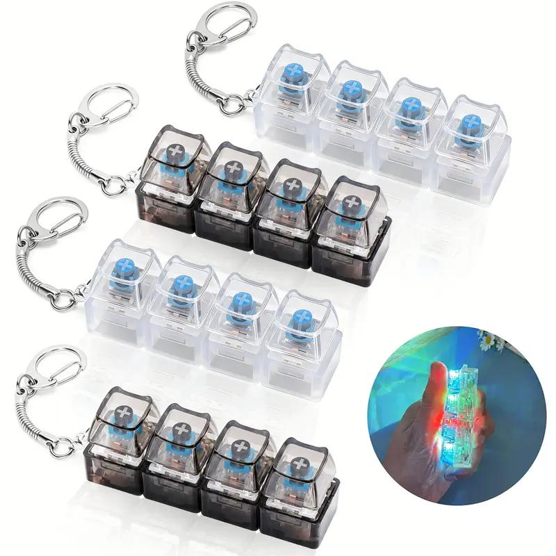 4 Pack Mechanical Keyboard Keychain Decorations with LED Glowing Lights, Stress Relief Fingertip Clicker with Transparent Crystal Keycaps, Fingertip Fidget Toys and Fun Pendant for Boys, Girls and Adults, New Year's Day Gifts, Valentine's Day Gifts