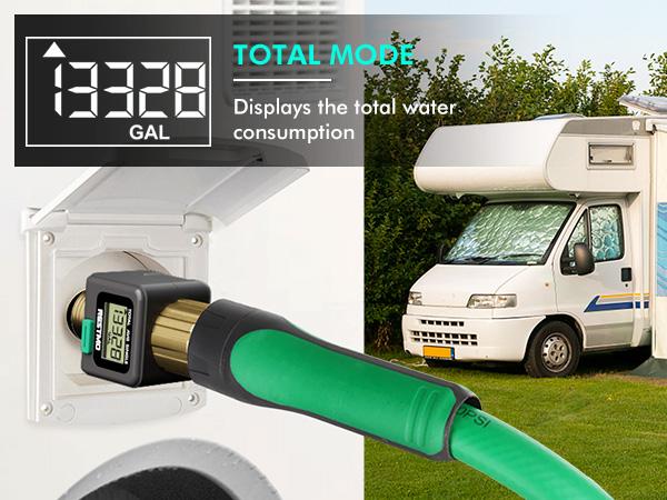 The RESTMO water flow meter measures water consumption (gallons/liter) and flow rate for RV water tank monitoring, lawn sprinklers, and nozzle sprinklers. It features brass inlet and outlet and measures water usage for outdoor garden hose watering.