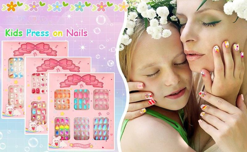 216Pcs 9 Pack Press on Nails Grils Kids Full Cover Short False Stick on Nail Tips for Kids Nail Art Decoration Christmas Birthday Valentine's Party Favors Gift(Lovely Style)