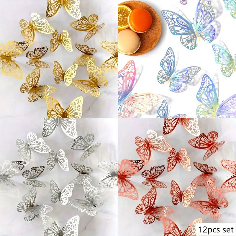 12pcs 3D Butterfly Wall Decoration Stickers, Golden Butterfly Party Decoration, Silver Colorful Butterfly Wall Decals Suitable for Birthday, Wedding, Balloon Room Decoration, Wall Decoration, Sun Catcher, Decorative Stickers