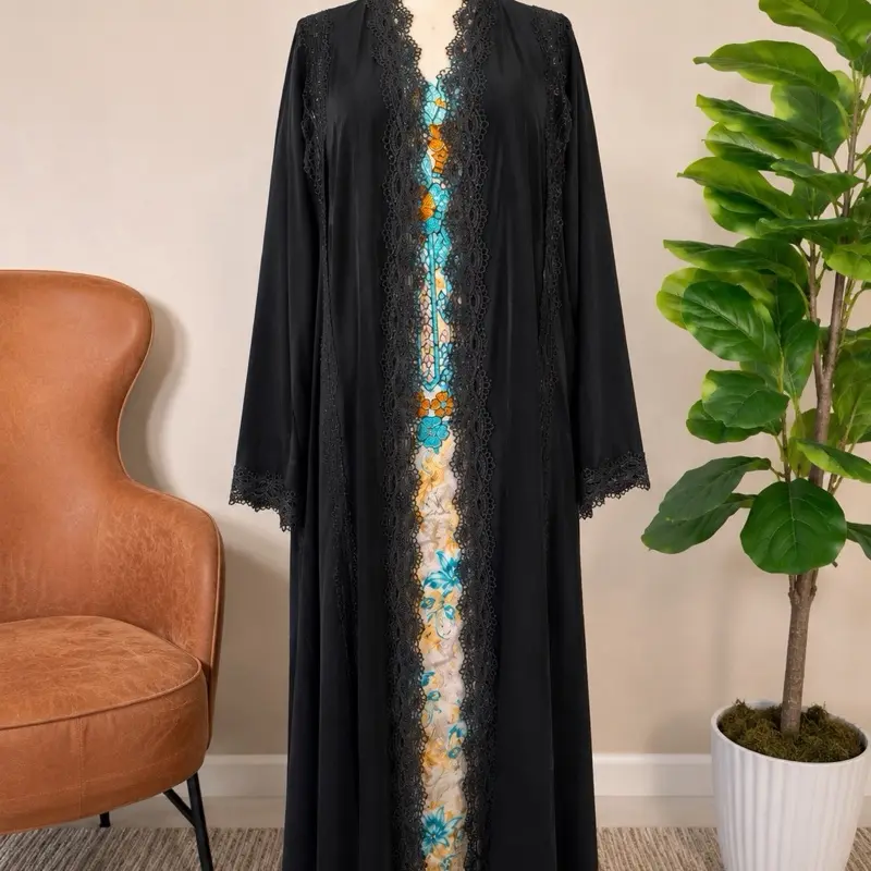 Soso Abaya with Elegant Lace Trim and V-Neck Design for Women