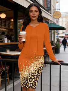 Women's Elegant Set Solid Orange Cardigan & Leopard Print Dress Two-Piece Set for Versatile Stylish Looks Casual Style Fashionable & Comfortable