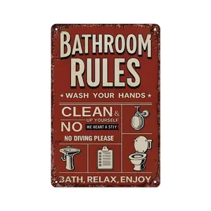 Vintage Bathroom Rules Metal Sign 8x12 Inch Retro Restroom Wall Decor Aluminum Signs for Bedroom Bathroom Kitchen Bar Room Decoration