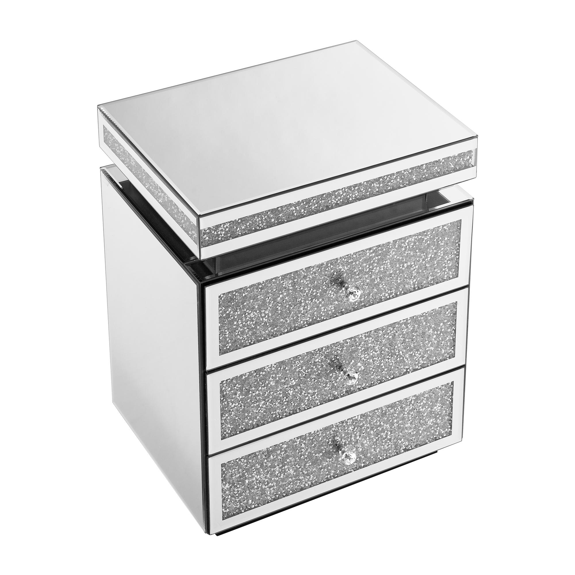 Mirrored Nightstand Modern Bedside Table with 3 Drawers, Silver End Table with Crystal Inlay, Bedside Table, Glass Table for Bedroom, 13.8''W x 17.7" L x 23.6" H