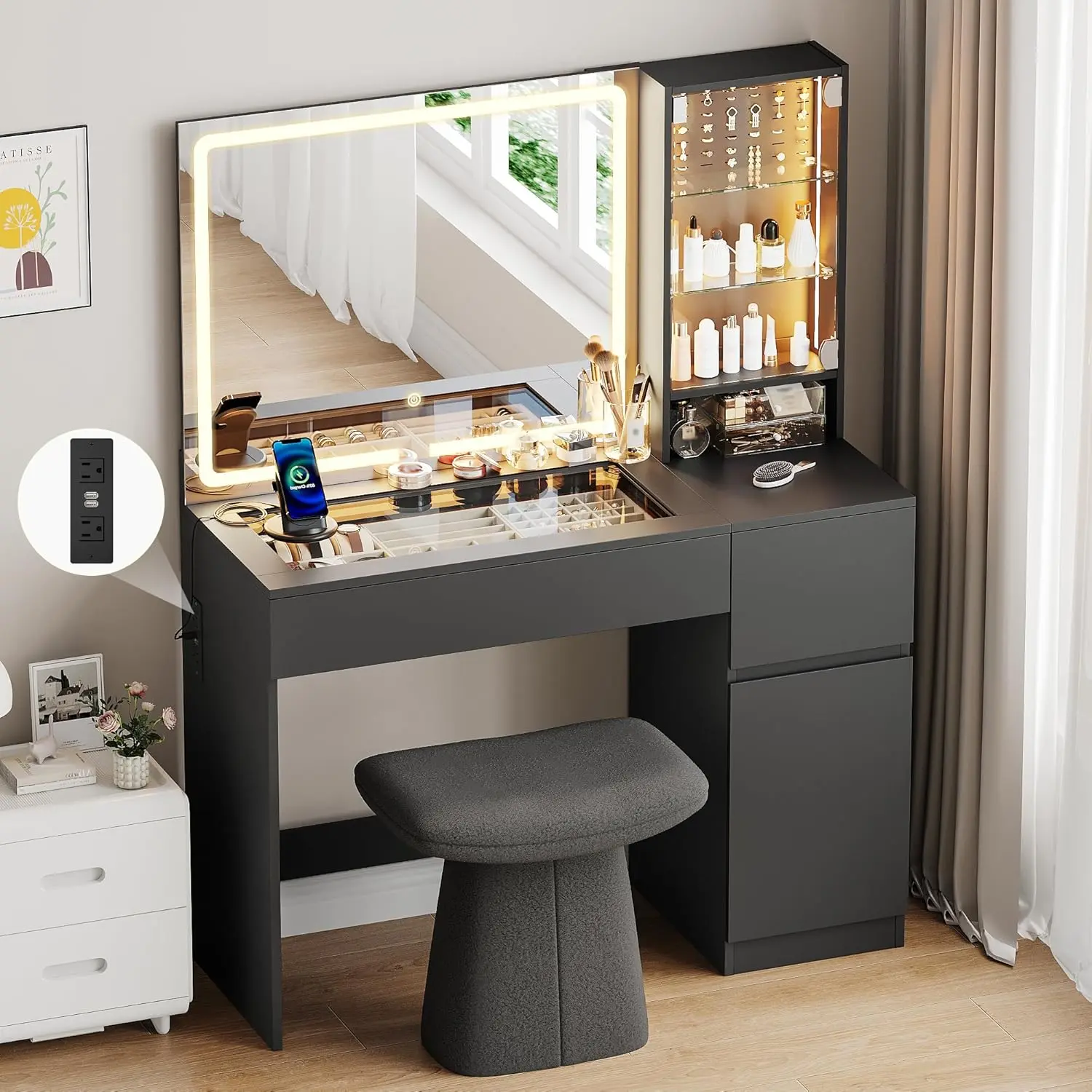 41" Vanity Desk with Glass Top, Black Vanity with Mirror and Lights, Power Outlet, Jewelry Storage, 3 Adjustable Lighting Modes, Makeup Vanity with 2 Drawers for Bedroom