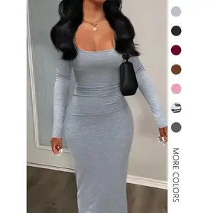 Women's Sexy Plain U Neck Long Sleeve Bodycon Dress, Minimalist Solid Tight Sleeve Long Dress for Fall, Ladies Clothes for FallGift（gift）