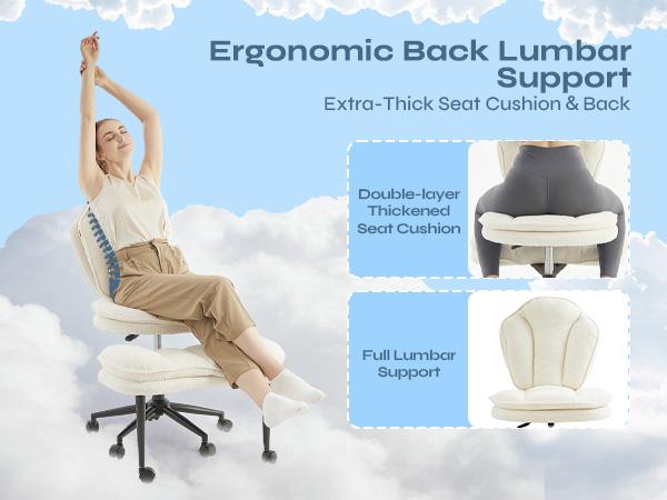 Pinmoco Cloudy Ergonomic Cross Legged Swivel Chair - Adjustable Height, Teddy Fabric, Cloud Comfort Pet-Friendly Desk Chair with Full Lumbar Support, Extra Wide Seat, Versatile for Home & Office Use